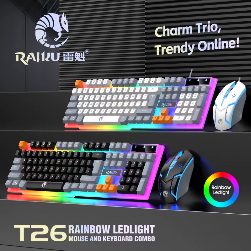 Single Keyboard and Keyboard Mouse RAIKU T26 Three Tone Luminous Keyboard Mouse Wired Mechanical Touch Gaming Mouse Keyboard Set