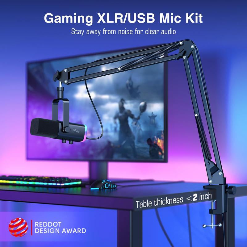 FIFINE AM8T Dynamic XLR USB Gaming Microphone Set for Streaming and Podcasting, Complete RGB Mic Kit with Boom Arm, Mute Button, and Headphone Jack for Vocal Recording and Voice-Over