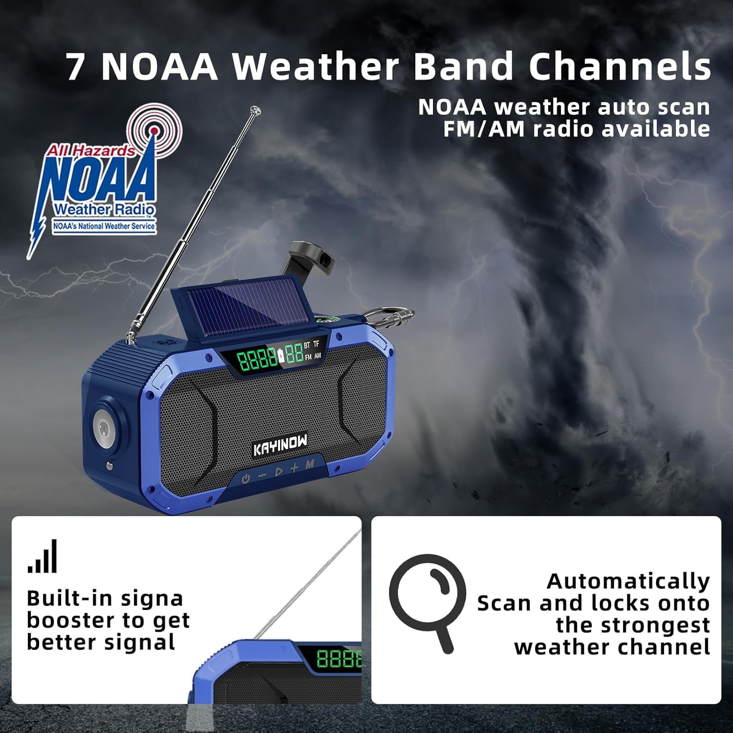 Auto Scan Emergency Weather Radio with Bluetooth Speaker NOAA FM Am,5000Mah Phong Power Bank with Usb-C/Hank Crank/Solar,Flashlight,Microsd Playback,Sos Alarm for Indoor/Outdoor Emergencies Survival