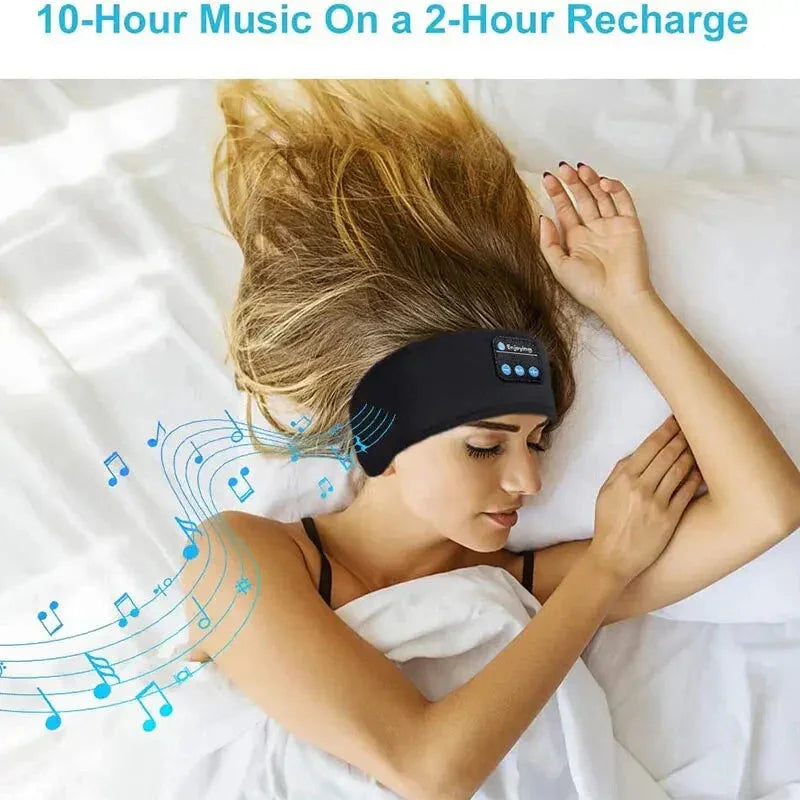 Woman sleeping wearing a black bluetooth sleep headband with music notes indicating audio playback