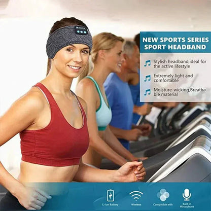 Woman wearing a gray bluetooth sleep headband while exercising on a treadmill in gym