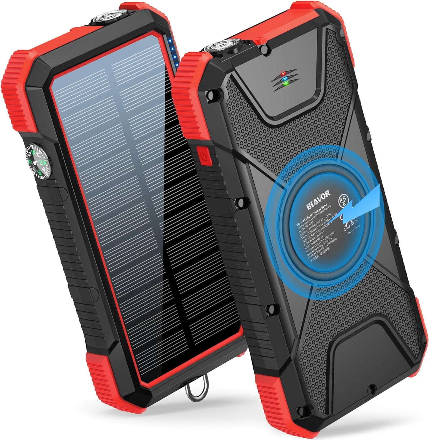 BLAVOR Solar Power Bank, PD18W QC3.0 Fast Charging 10W Wireless Charger 20000Mah Solar Powered Powerbank with Type C Input/Output, IPX5 Waterproof, Camping Flashlight, Compass, Carabiner