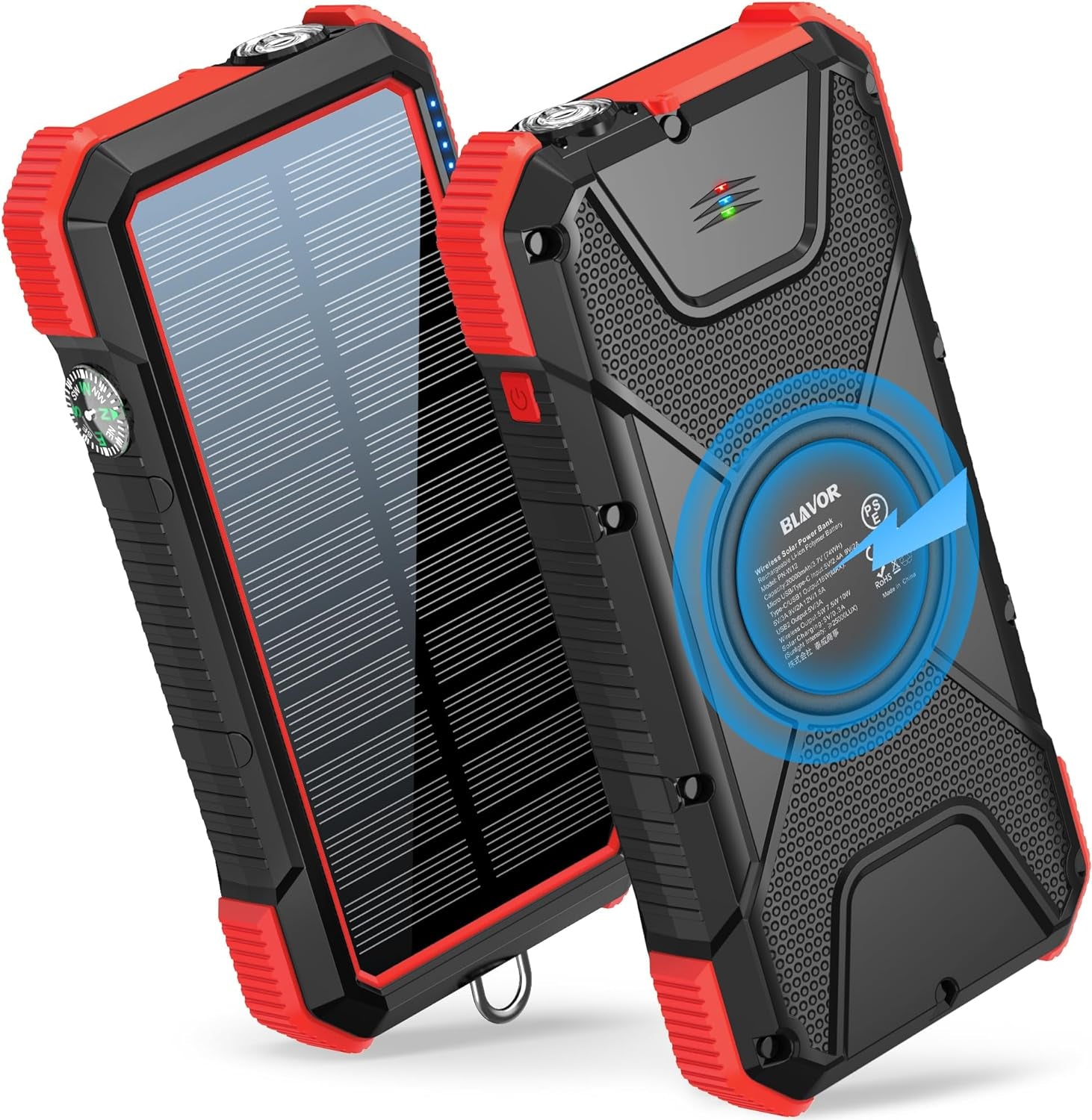 BLAVOR Solar Power Bank, PD18W QC3.0 Fast Charging 10W Wireless Charger 20000Mah Solar Powered Powerbank with Type C Input/Output, IPX5 Waterproof, Camping Flashlight, Compass, Carabiner