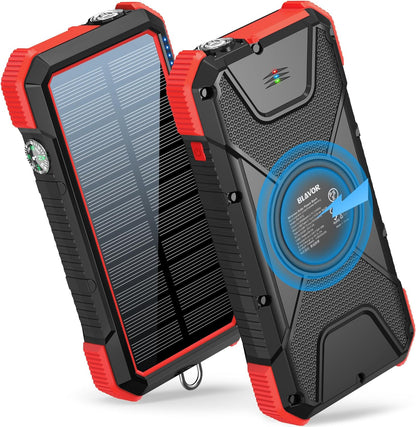 BLAVOR Solar Power Bank, PD18W QC3.0 Fast Charging 10W Wireless Charger 20000Mah Solar Powered Powerbank with Type C Input/Output, IPX5 Waterproof, Camping Flashlight, Compass, Carabiner