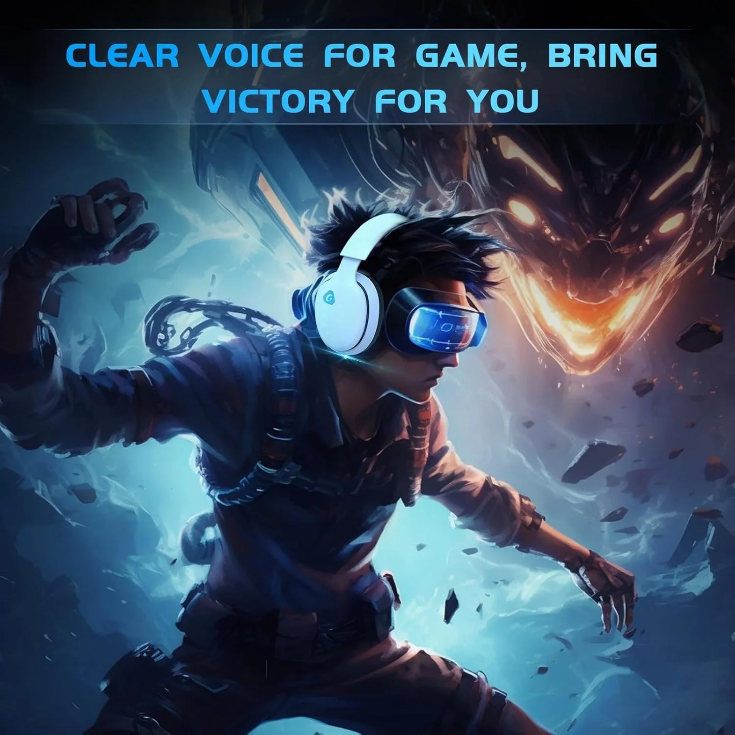 Wireless gaming headset for PS5 worn by a gamer in an intense action scene with vibrant blue lighting