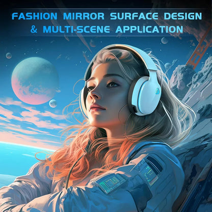 Wireless gaming headset for PS5 with fashion mirror surface design worn by gamer in space setting