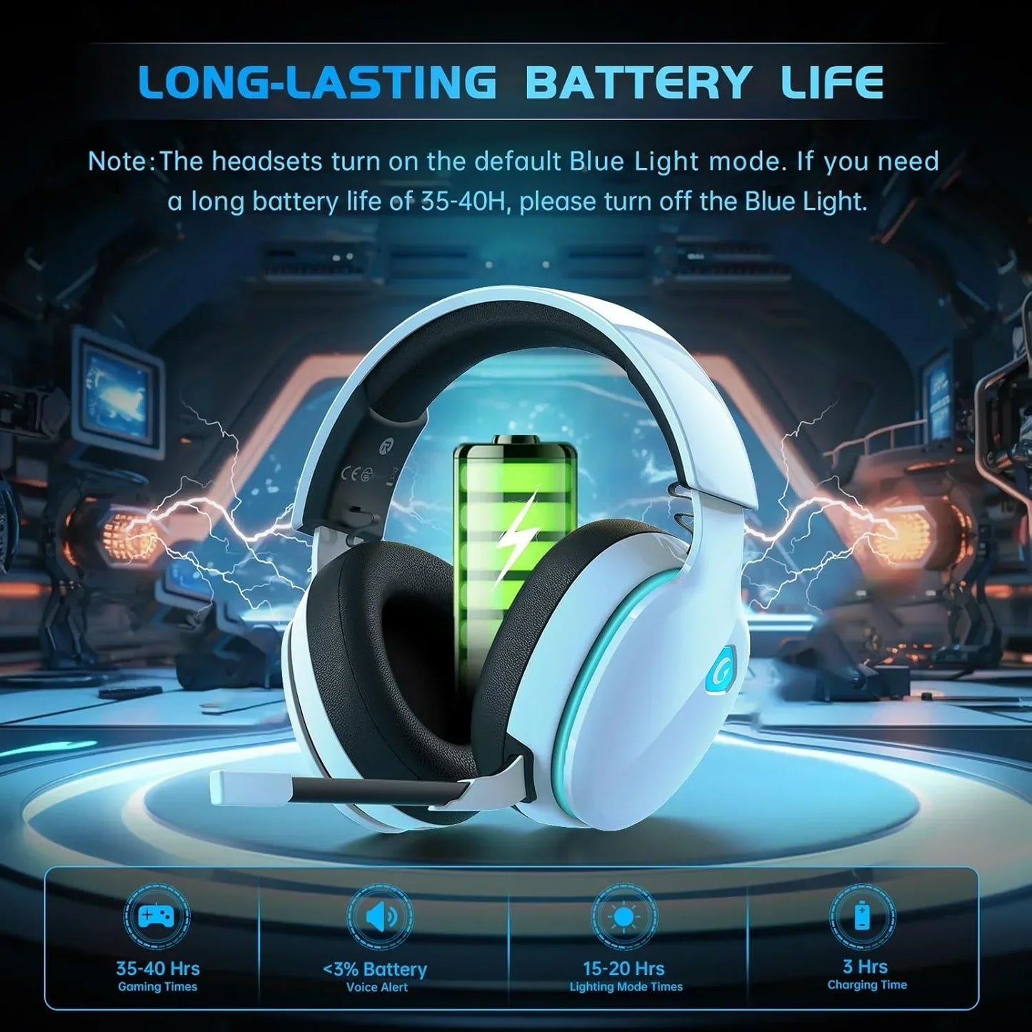 Gtheos Store wireless gaming headset for PS5 with long-lasting battery life up to 40 hours and blue light mode