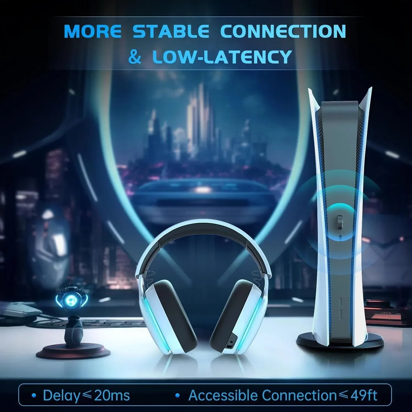 Wireless gaming headset for PS5 with more stable connection and low latency next to PS5 console
