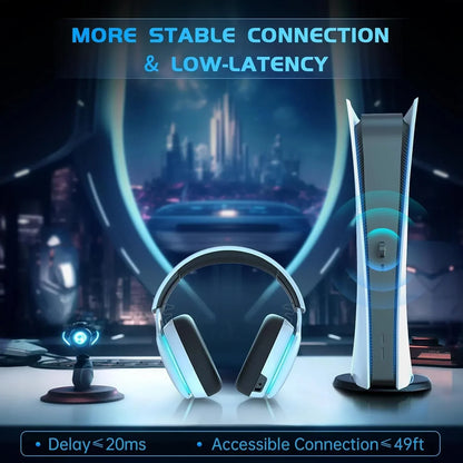 Wireless gaming headset for PS5 with more stable connection and low latency next to PS5 console
