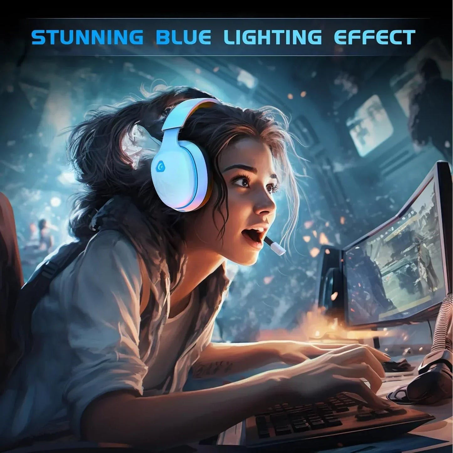 Woman wearing wireless gaming headset for PS5 with blue lighting effect playing on computer