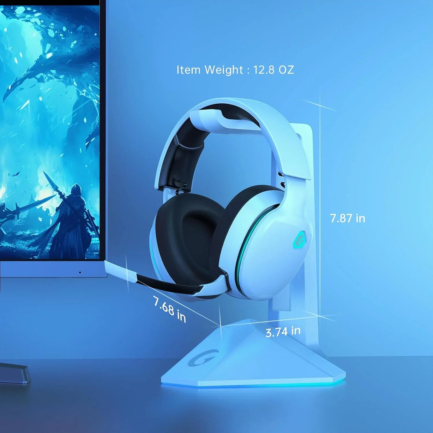 White wireless gaming headset for PS5 with cushioned ear cups and adjustable mic on a stand
