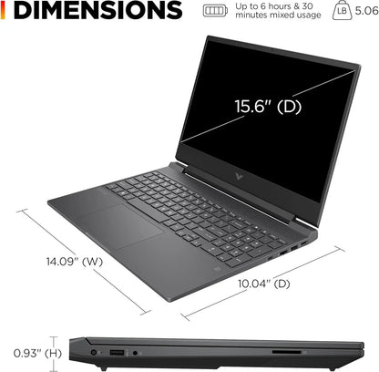 TechNest Victus 15.6 inch gaming laptop shown open with dimensions and battery life details