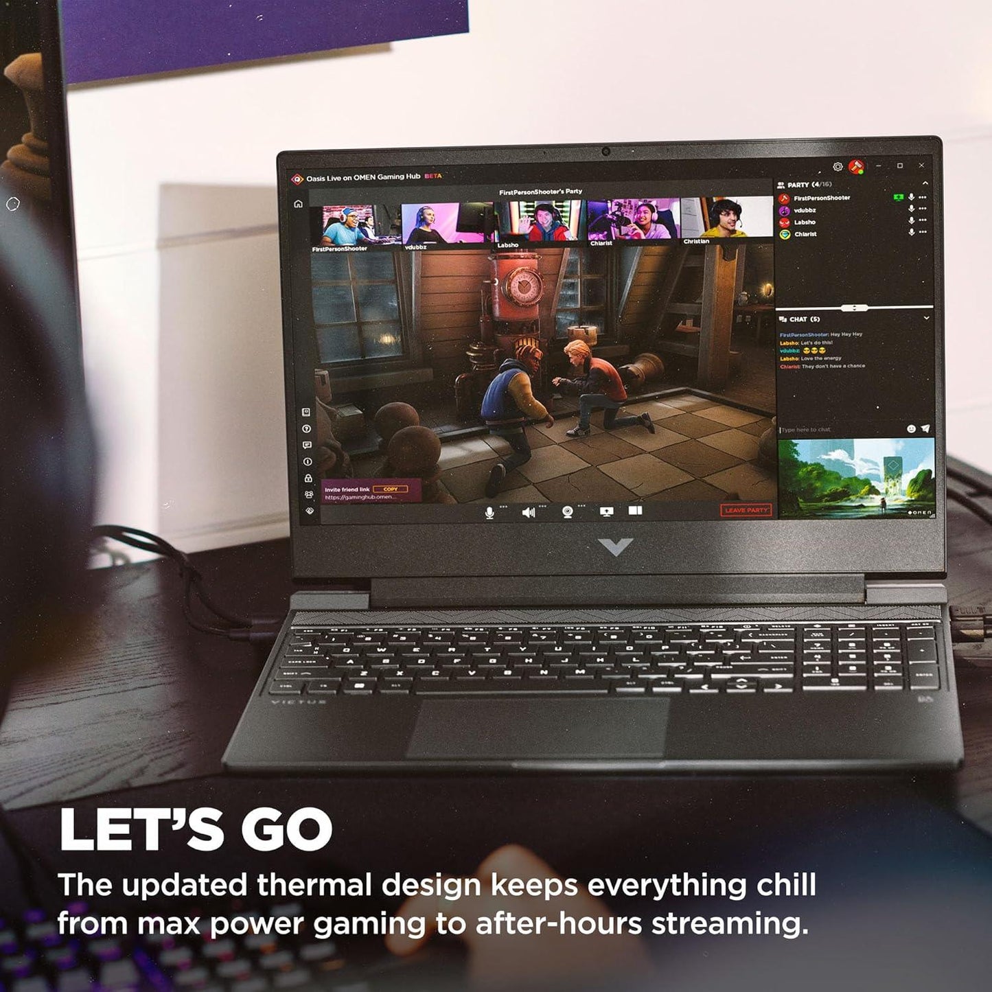 TechNest Victus 15.6 inch gaming laptop showcasing vibrant multiplayer game on screen with gaming keyboard