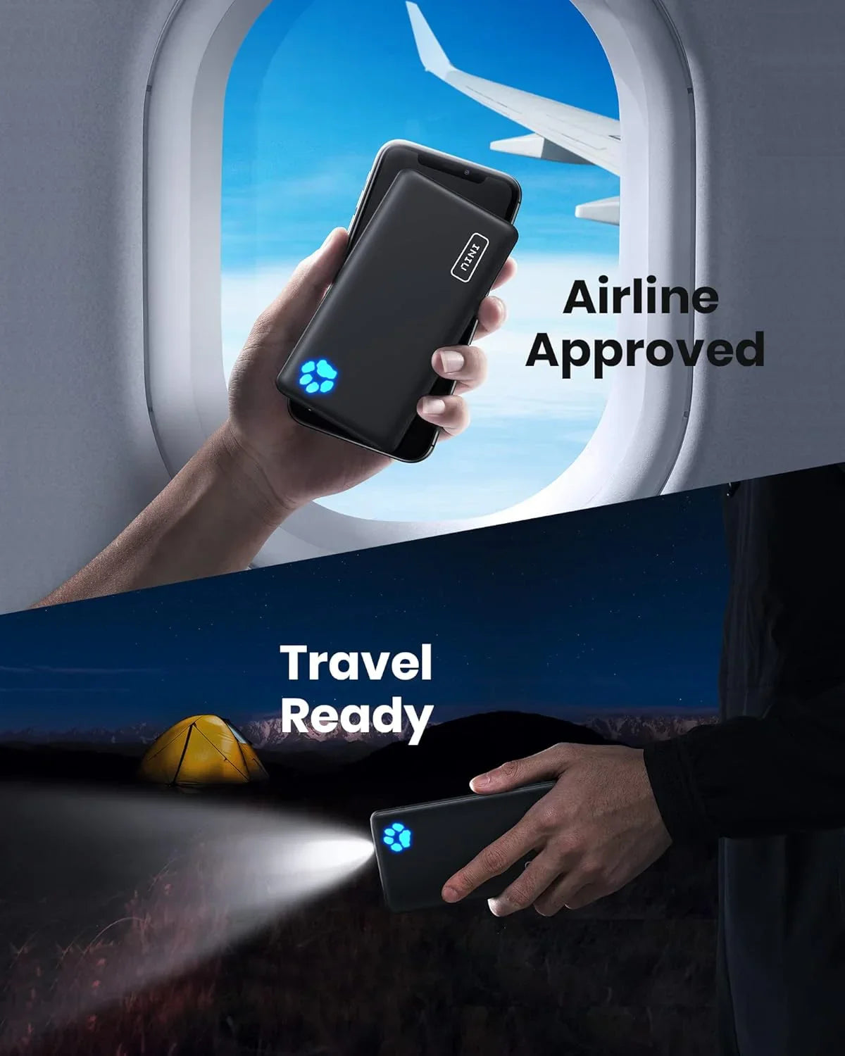 Iniu slim 10000mAh portable charger held by hand near airplane window and used as flashlight outdoors