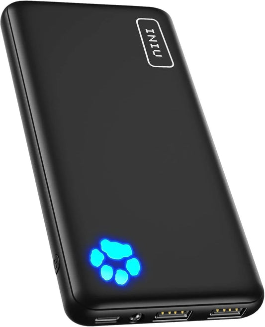 Iniu slim 10000mAh portable charger in black with dual USB ports and blue LED indicator light