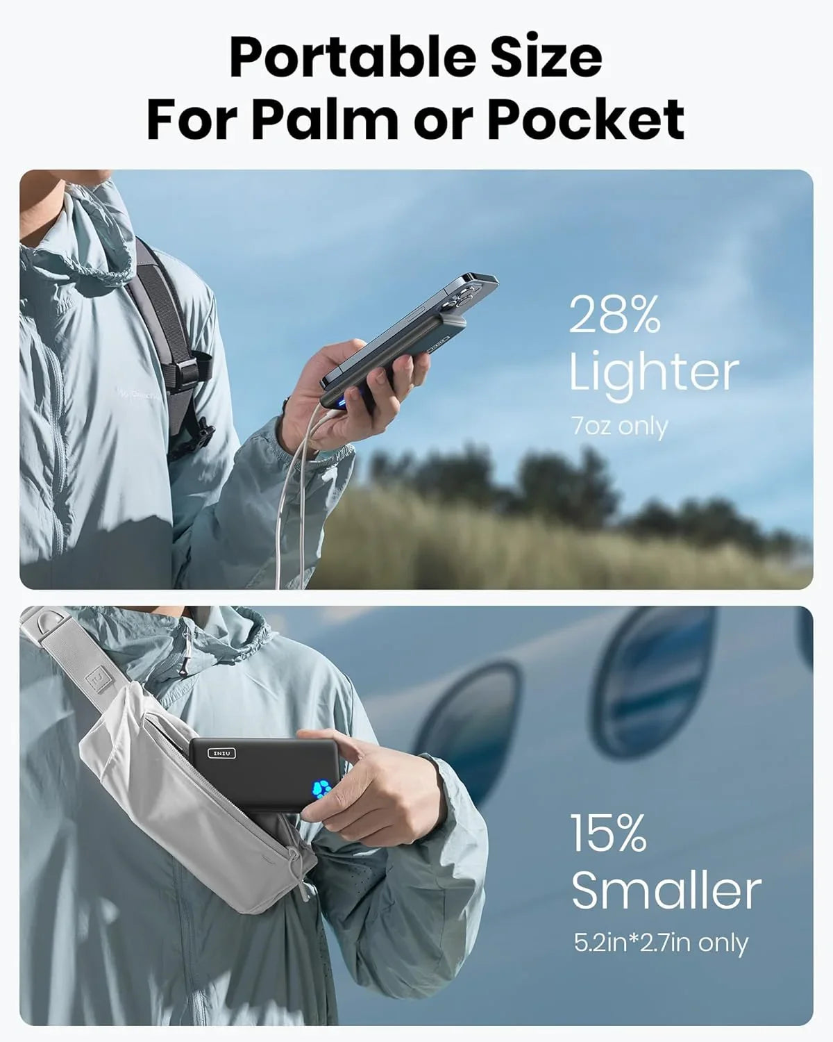 Iniu slim 10000mAh portable charger shown compact and lightweight fitting in palm and small bag