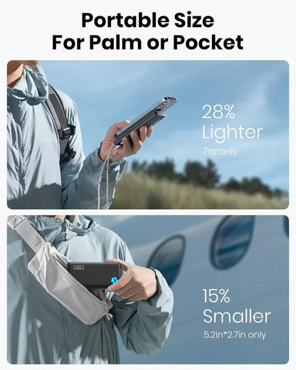 Iniu slim 10000mAh portable charger shown compact and lightweight fitting in palm and small bag