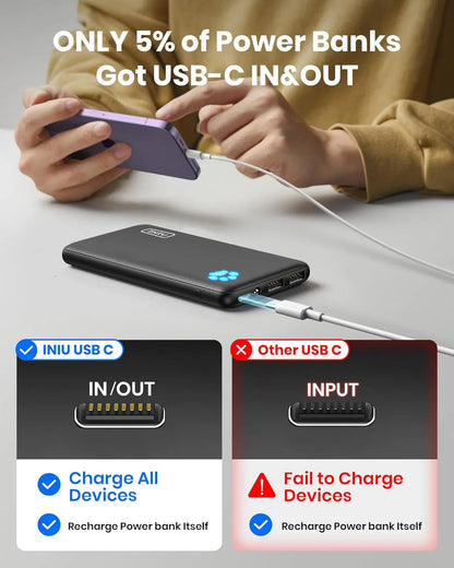 Iniu slim 10000mAh portable charger showing USB-C in and out ports charging a smartphone