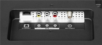 Back panel of Insignia 32 inch smart TV with Alexa showing Ethernet, AV, and antenna cable ports