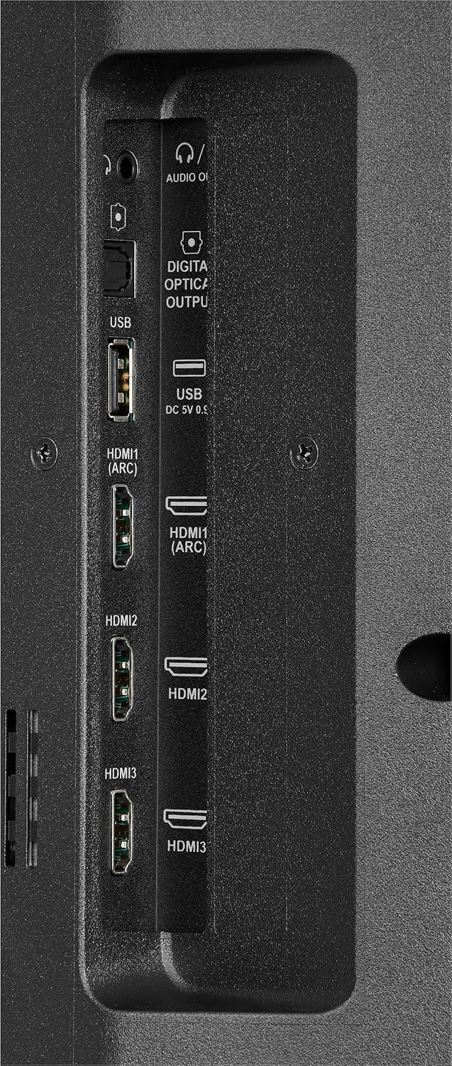 Close-up of HDMI and USB ports on the back of an Insignia 32 inch smart TV with Alexa