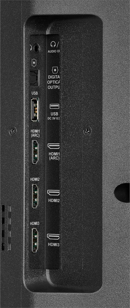 Close-up of HDMI and USB ports on the back of an Insignia 32 inch smart TV with Alexa