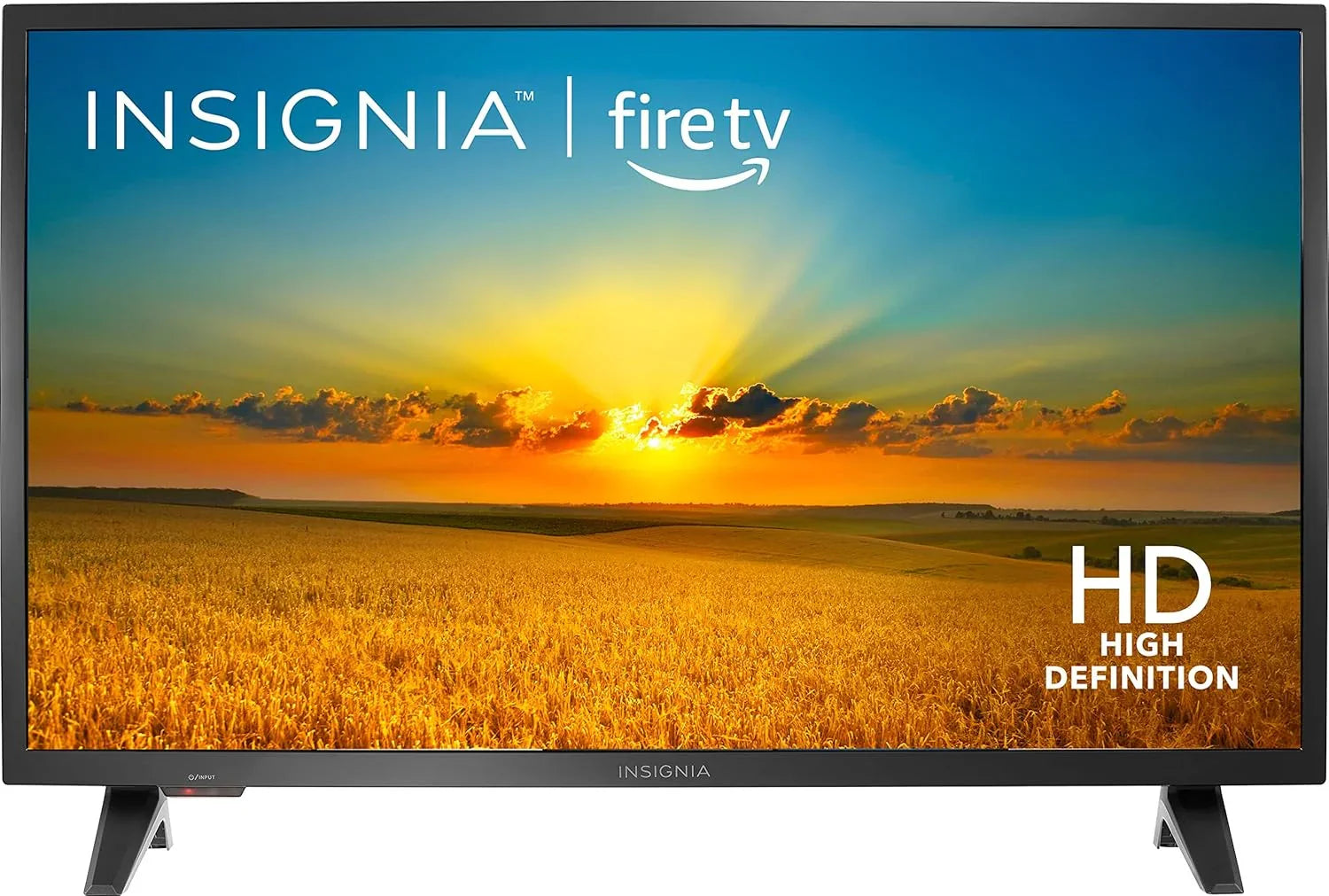Insignia 32 inch smart TV with Alexa displaying a sunset over a wheat field in HD