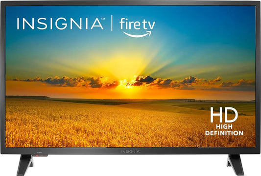 Insignia 32 inch smart TV with Alexa displaying a sunset over a wheat field in HD