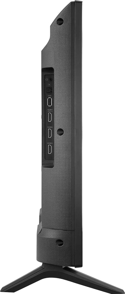 Side view of Insignia 32 inch smart TV with Alexa showing HDMI and USB ports and stand