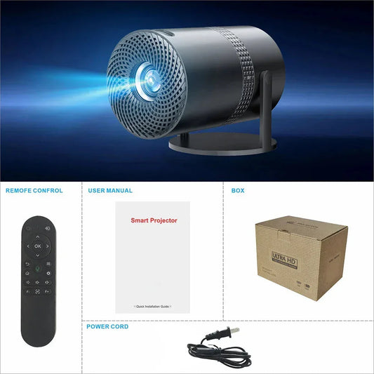 Mini portable projector 4k with remote control user manual power cord and packaging box