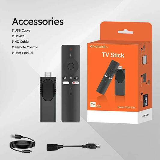 4K Android TV stick for streaming with remote control USB and HDMI cables in orange packaging