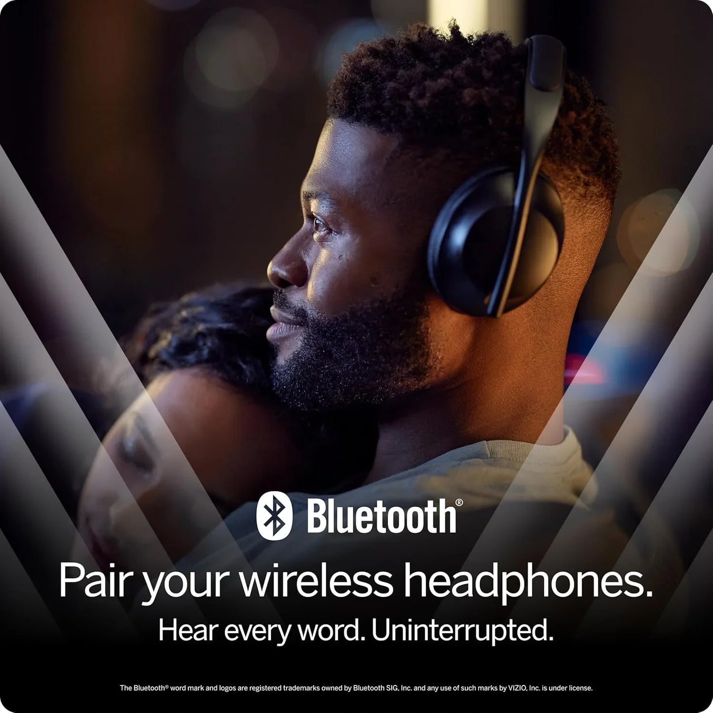 Vizio 40 inch smart TV with Alexa shown with Bluetooth wireless headphones for uninterrupted audio