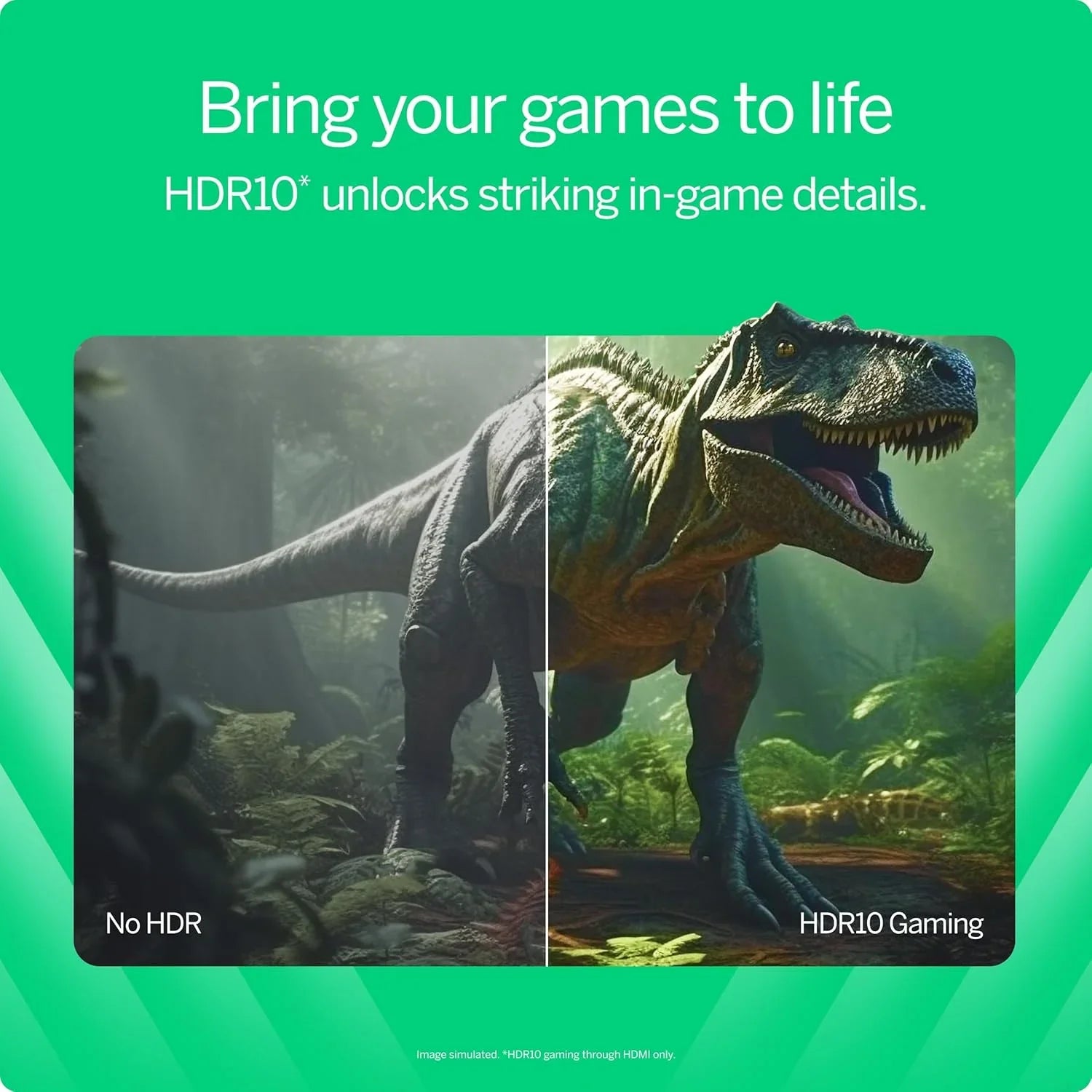 Vizio 40 inch smart TV with Alexa showing comparison of gaming visuals with and without HDR10