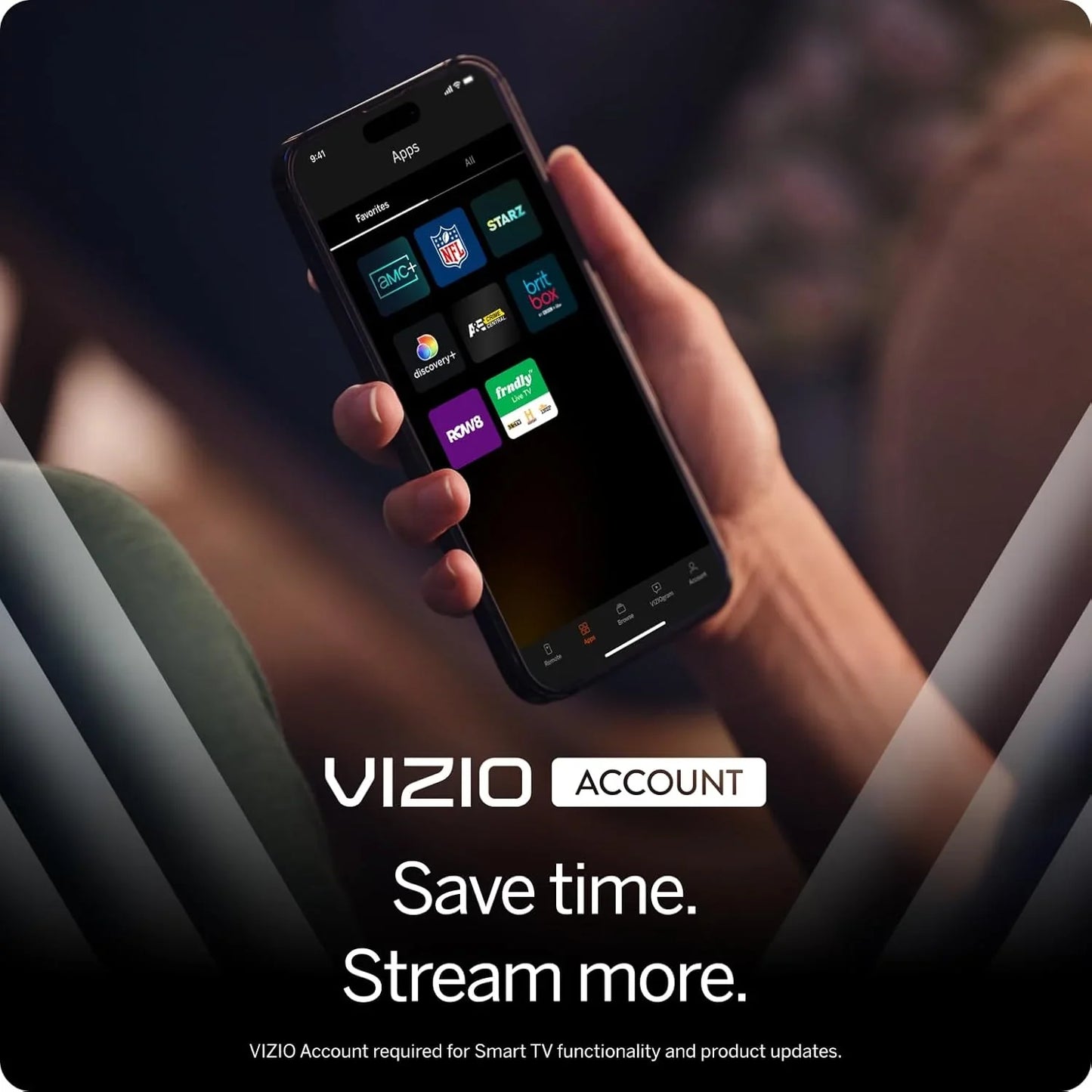 Hand holding smartphone showing streaming apps for 40 inch smart TV with Alexa by Vizio