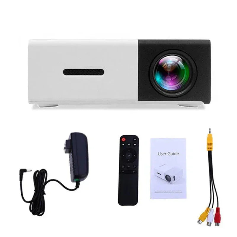 Portable mini projector 1080p with remote control, power adapter, user guide, and AV cables