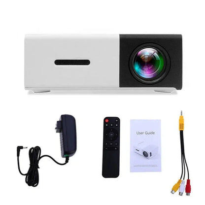 Portable mini projector 1080p with remote control, power adapter, user guide, and AV cables