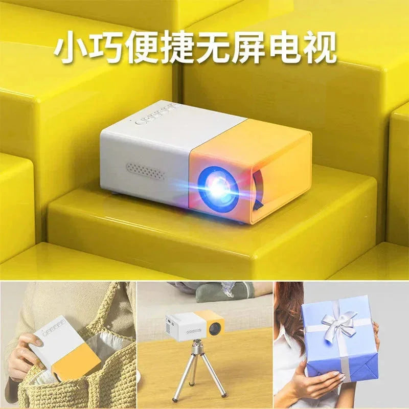 Portable mini projector 1080p with yellow and white design shown on stairs, tripod, and handheld for easy use