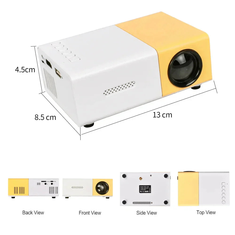 Portable mini projector 1080p in white and yellow showing front, back, side, and top views with dimensions