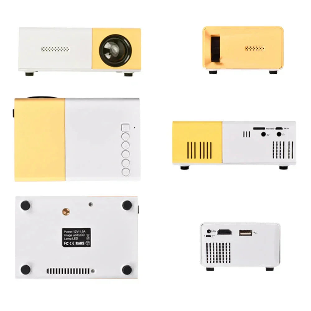 Compact white and yellow portable mini projector 1080p showing multiple angled views and ports