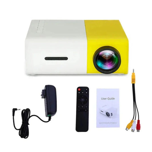 Portable mini projector 1080p in white and yellow with remote, power adapter, user guide, and AV cables